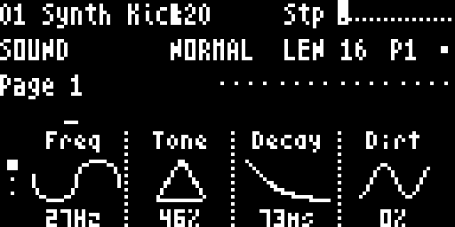 Sound screen — Track 1 on boot, in Stp mode