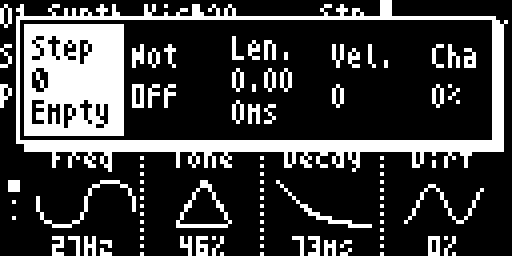 Step Overlay — per-step note, velocity, length, chance, repeat